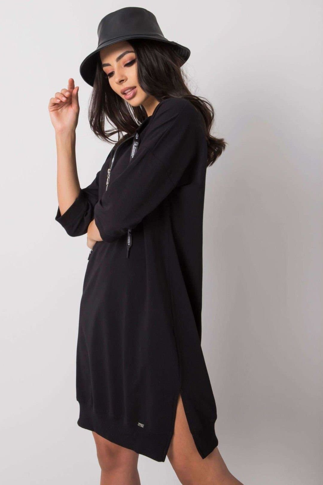 Love Lace Love Lace Black Cotton Zip Front 3/4 Sleeve Dress