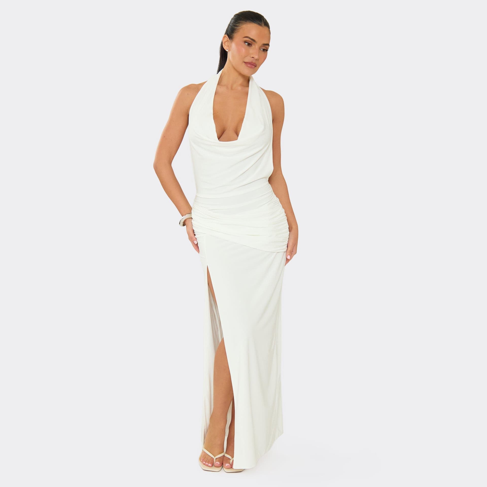 EGO Cowl Front Open Back Split Leg Maxi Dress In White, Women's Size UK 6