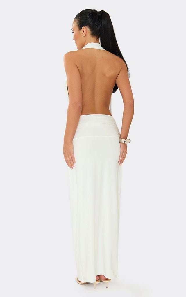 EGO Cowl Front Open Back Split Leg Maxi Dress In White, Women's Size UK 6 - 2