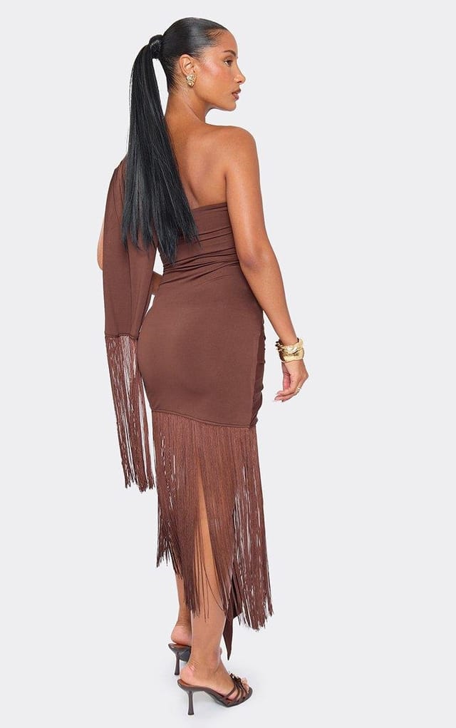 EGO One Shoulder Tie Front Tassel Hem Mini Dress In Brown, Women's Size UK 6 - 2