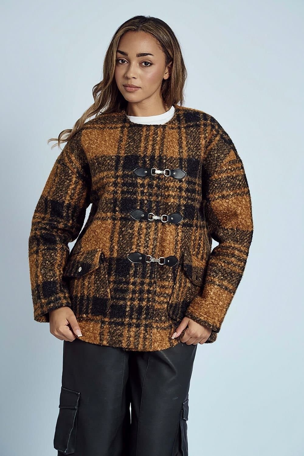 Native Youth Native Youth Women's Check Boucle Toggle Round Neck Boxy Jacket in Orange