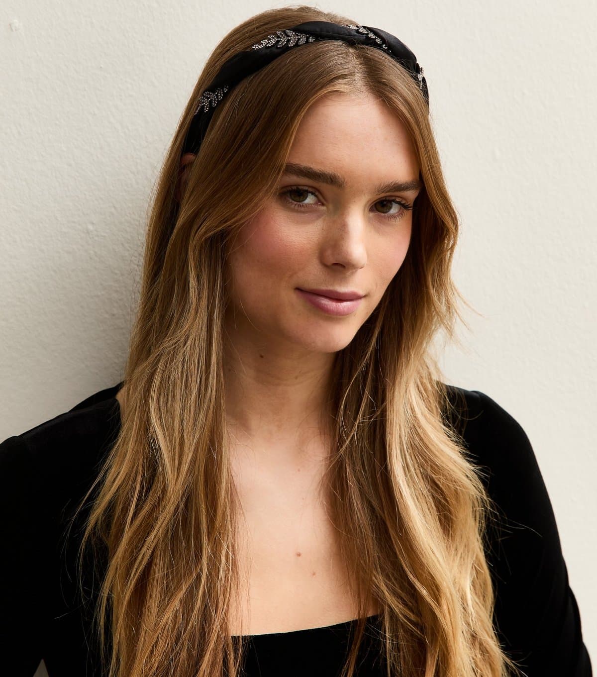 New Look Black Leaf Embellished Satin Headband New Look