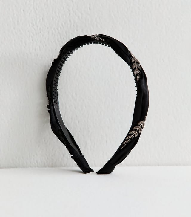 New Look Black Leaf Embellished Satin Headband New Look - 2