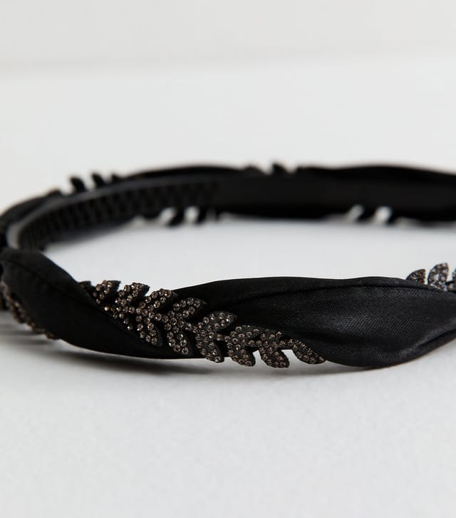 New Look Black Leaf Embellished Satin Headband New Look - 3