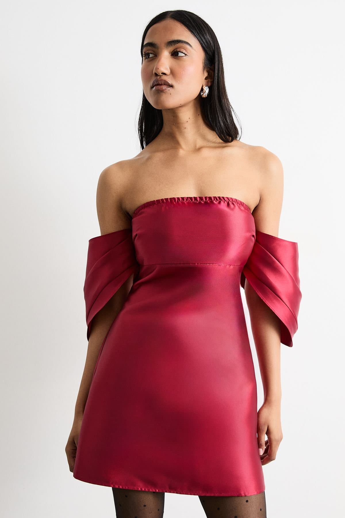 Warehouse Warehouse Women's Structured Puff Sleeve Bardot Mini Dress in Dark Red