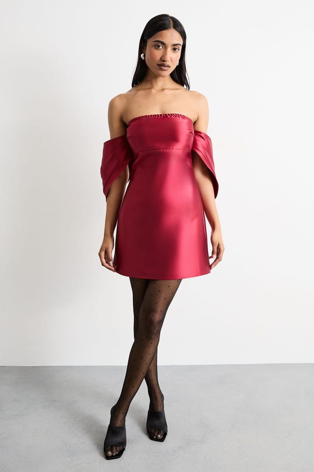 Warehouse Warehouse Women's Structured Puff Sleeve Bardot Mini Dress in Dark Red - 2