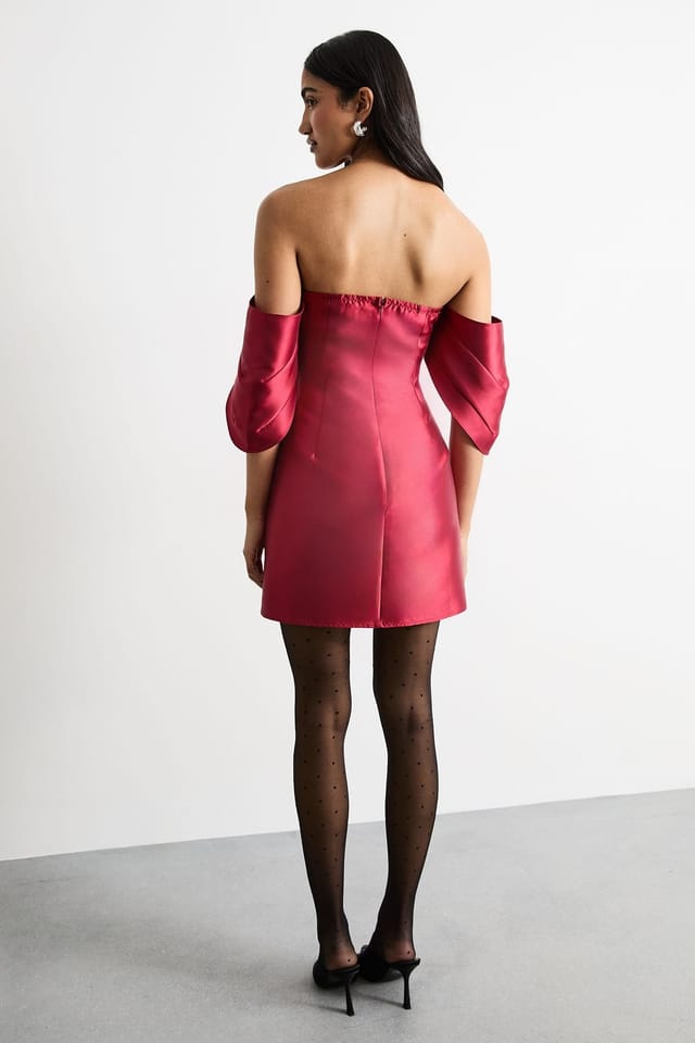 Warehouse Warehouse Women's Structured Puff Sleeve Bardot Mini Dress in Dark Red - 3