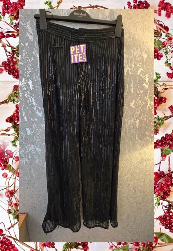 River Island Black Sequin Tassle Trousers Party Christmas size 16 petite Brand New with tags River Island