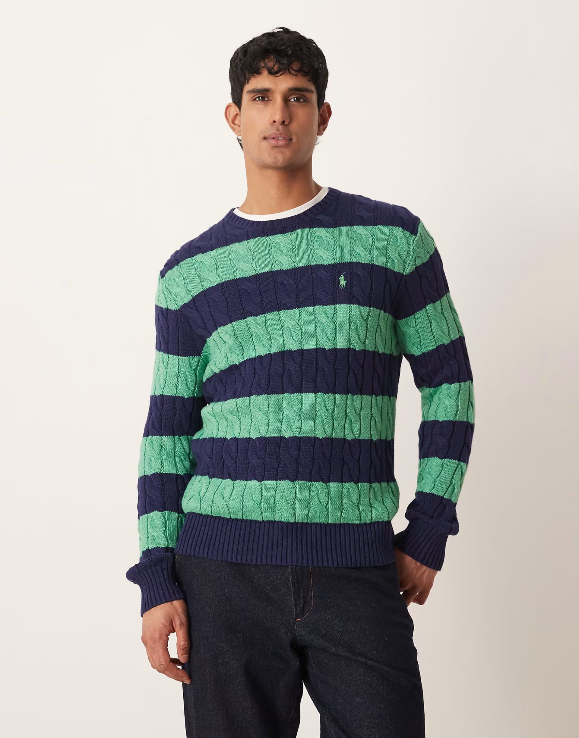 ASOS Polo Ralph Lauren icon logo cable striped jumper in navy and green