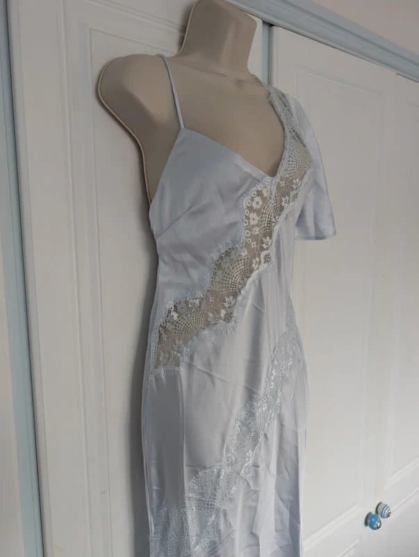 ASOS ASOS Design satin lace insert one sleeve maxi dress with cross back in light blue size 10