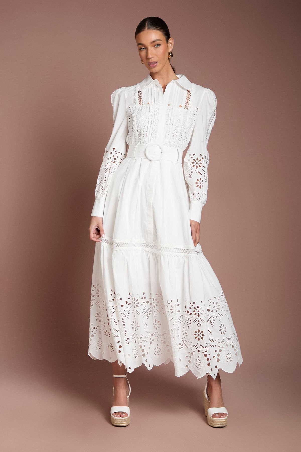 Coast Coast Women's Lace Tiered Detail Shirt Dress in Ivory