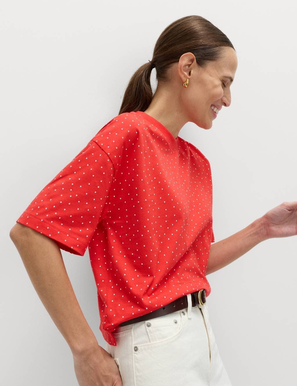 Marks & Spencer M&S Pure Cotton Striped Relaxed Boxy T-Shirt Red Mix