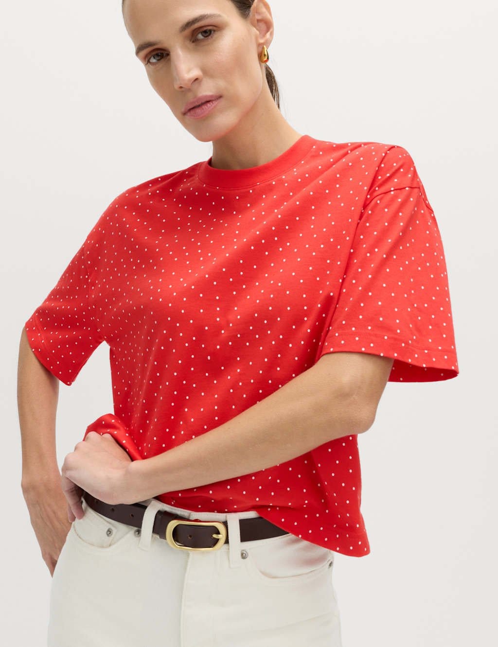 Marks & Spencer M&S Pure Cotton Striped Relaxed Boxy T-Shirt Red Mix - 4