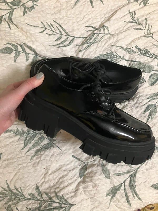 ASOS Design black patent chunky shoes , lace up , creeper style , size 5uk