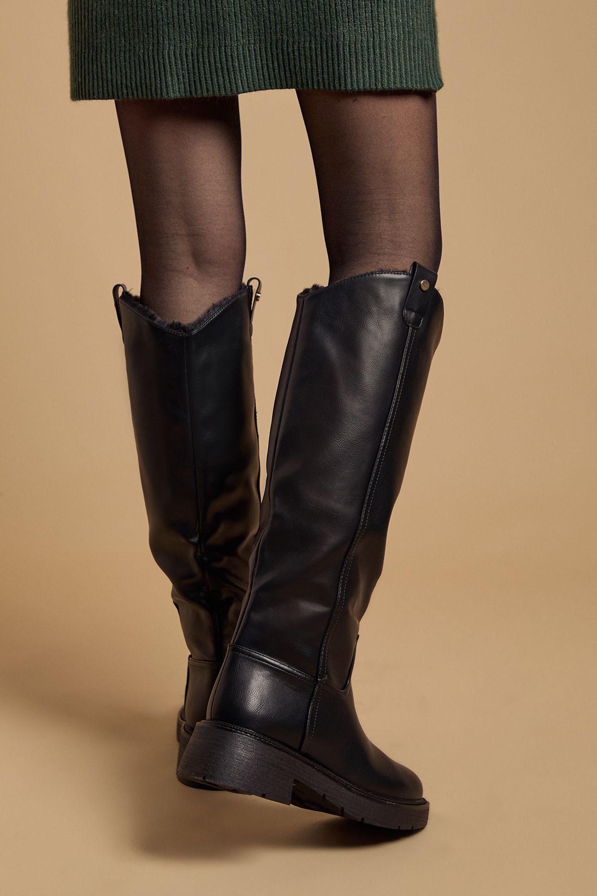 Oasis Oasis Women's Tara Faux Leather With Faux Fur Lining Chunky Knee Boots in Black - 3