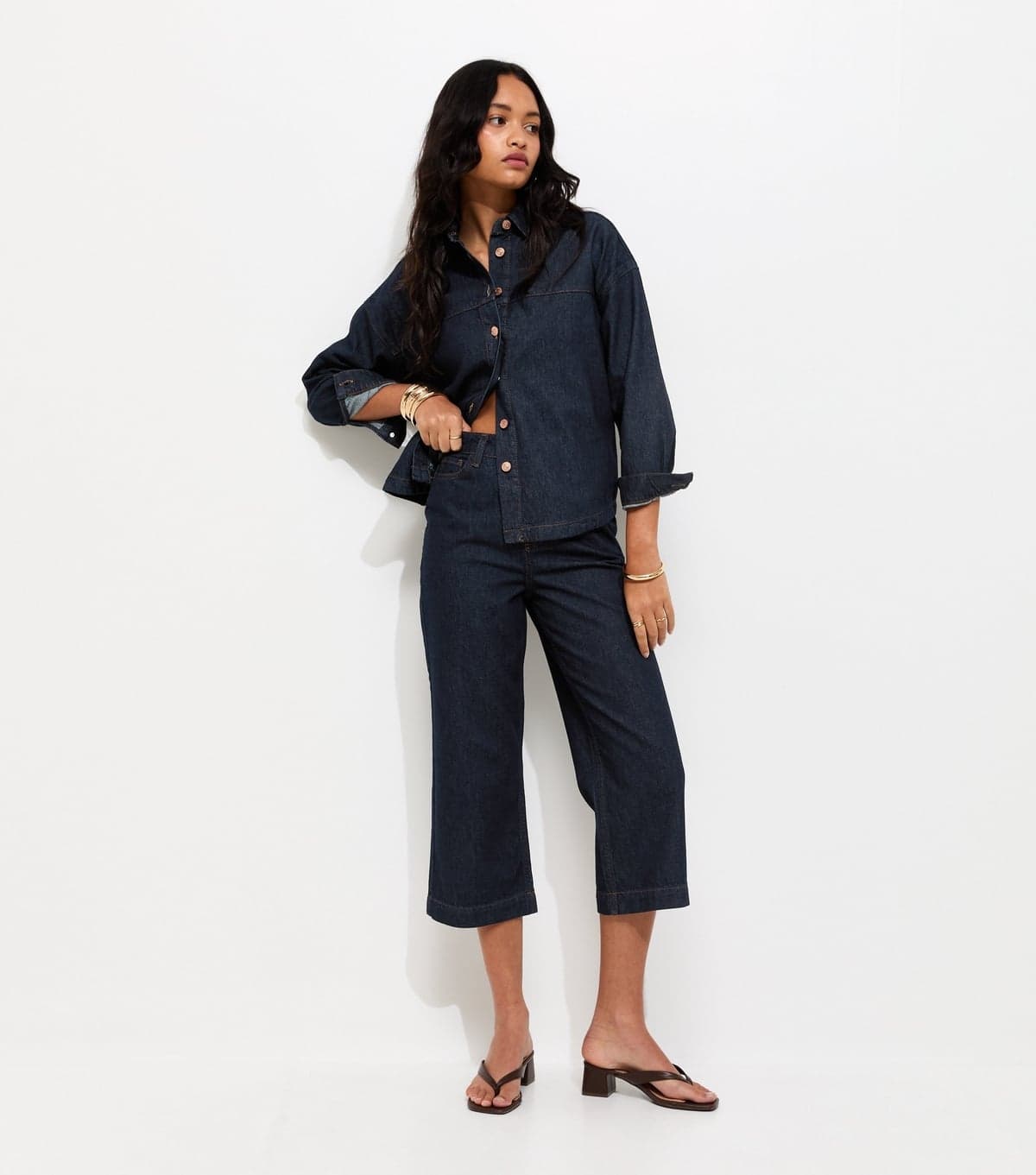 New Look Women's Navy Adalae Cropped High Waisted Wide Leg Jeans New Look