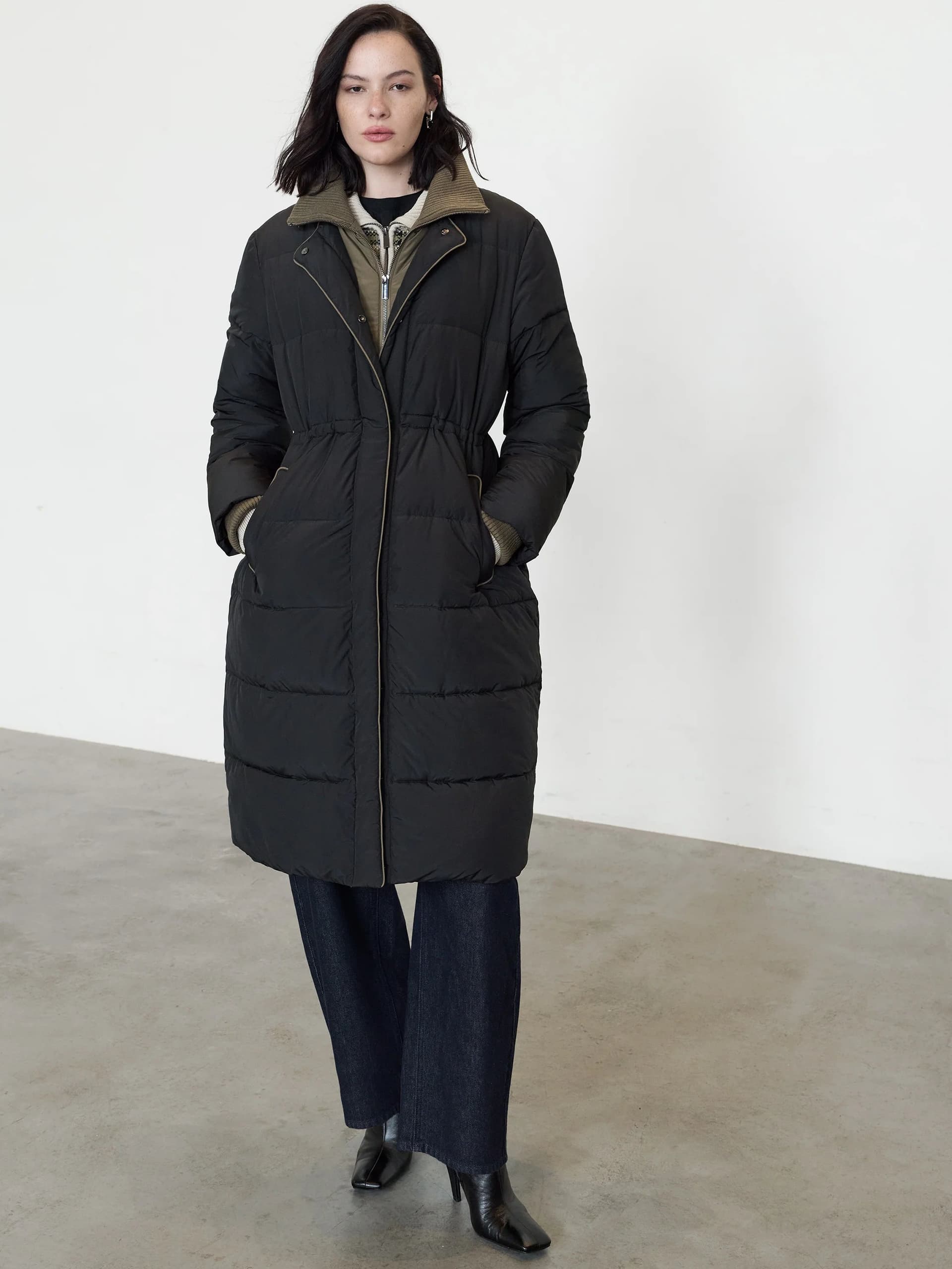 French Connection Minnie Black Layered Longline Puffer Coat Black/khaki Green