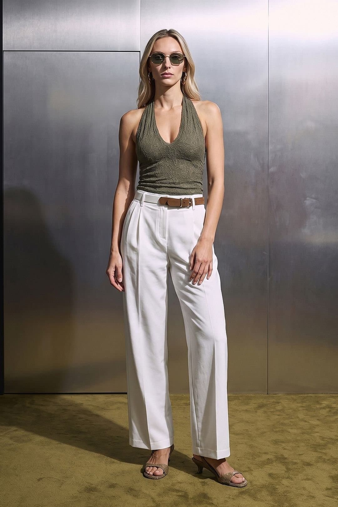 Dilvin Dilvin Women's Wide-Leg Belted Crepe Trousers in White