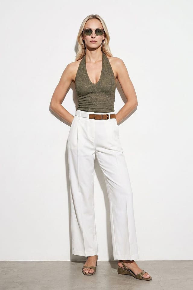 Dilvin Dilvin Women's Wide-Leg Belted Crepe Trousers in White - 2