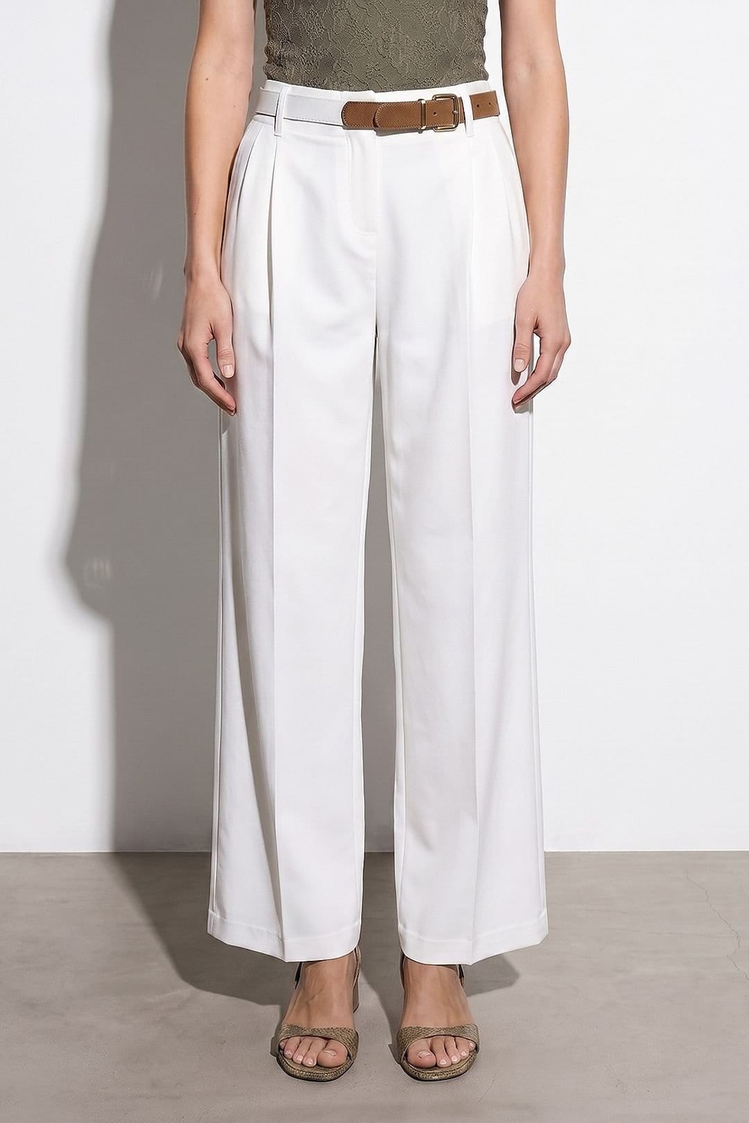 Dilvin Dilvin Women's Wide-Leg Belted Crepe Trousers in White - 4
