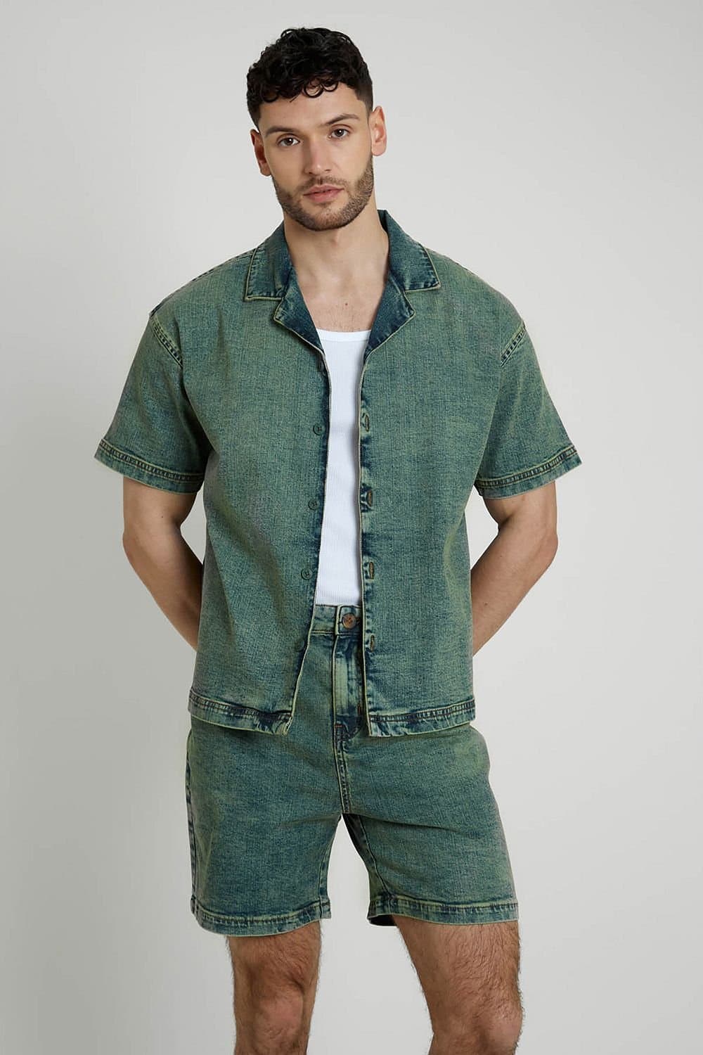 Native Youth Native Youth Men's Cotton Rich Acid Wash Denim Boxy Fit Short Sleeve Shirt in Green