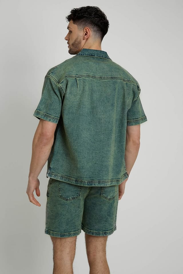 Native Youth Native Youth Men's Cotton Rich Acid Wash Denim Boxy Fit Short Sleeve Shirt in Green - 2