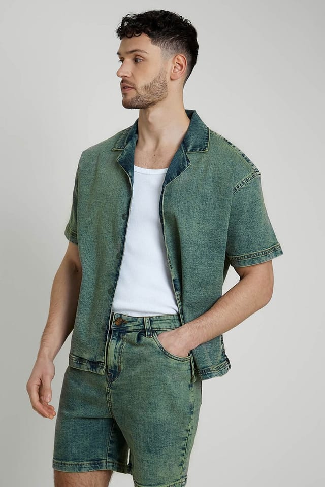 Native Youth Native Youth Men's Cotton Rich Acid Wash Denim Boxy Fit Short Sleeve Shirt in Green - 3