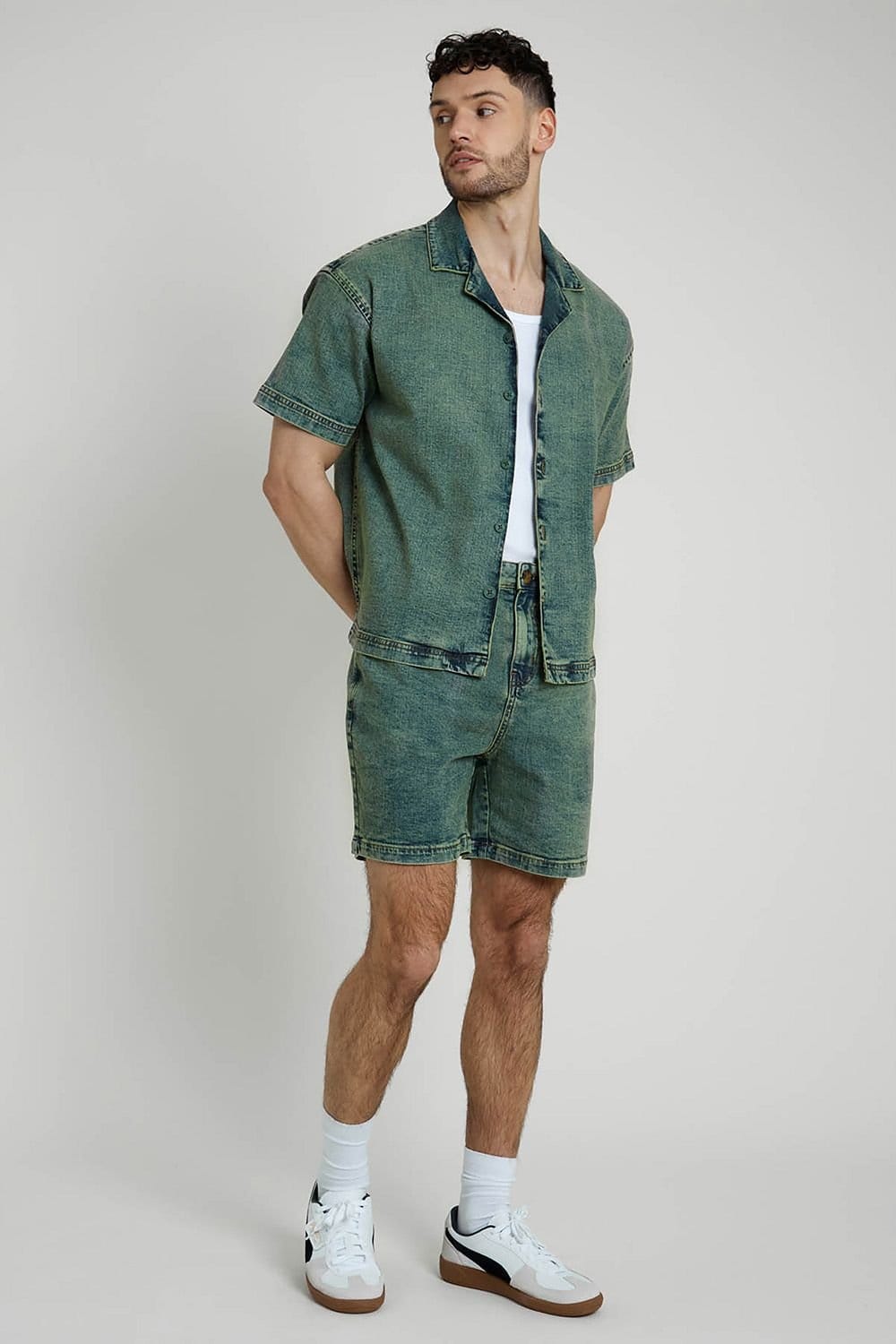 Native Youth Native Youth Men's Cotton Rich Acid Wash Denim Boxy Fit Short Sleeve Shirt in Green - 4