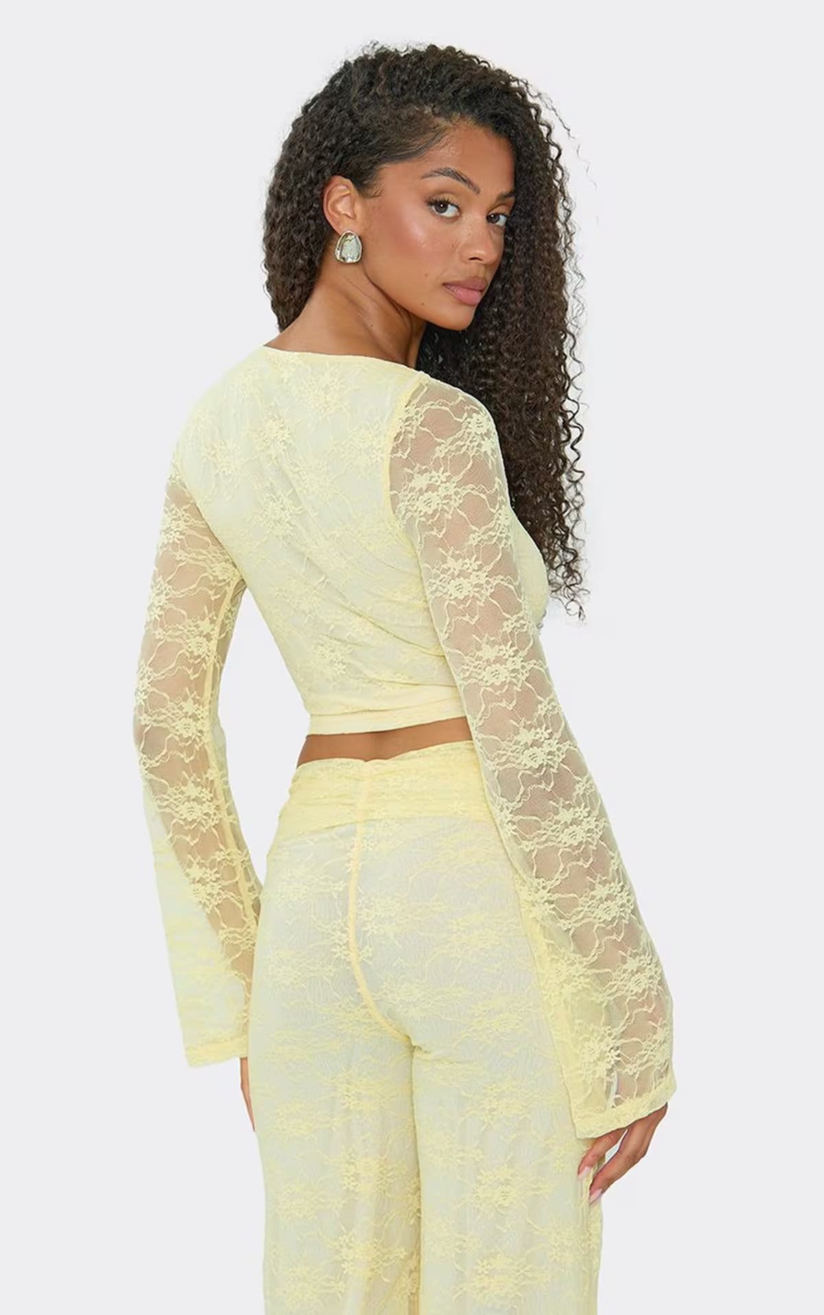 EGO Long Sleeve Crop Top In Lemon Lace., Women's Size UK 6 - 1