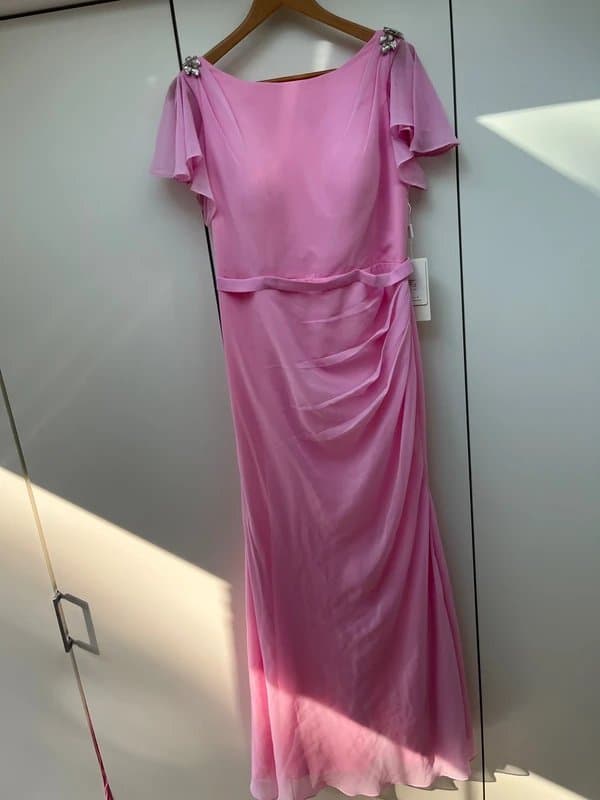 Stacees Floor length Chiffon Occasion dress with Crystal detail shoulders Size 14 Candy Pink.