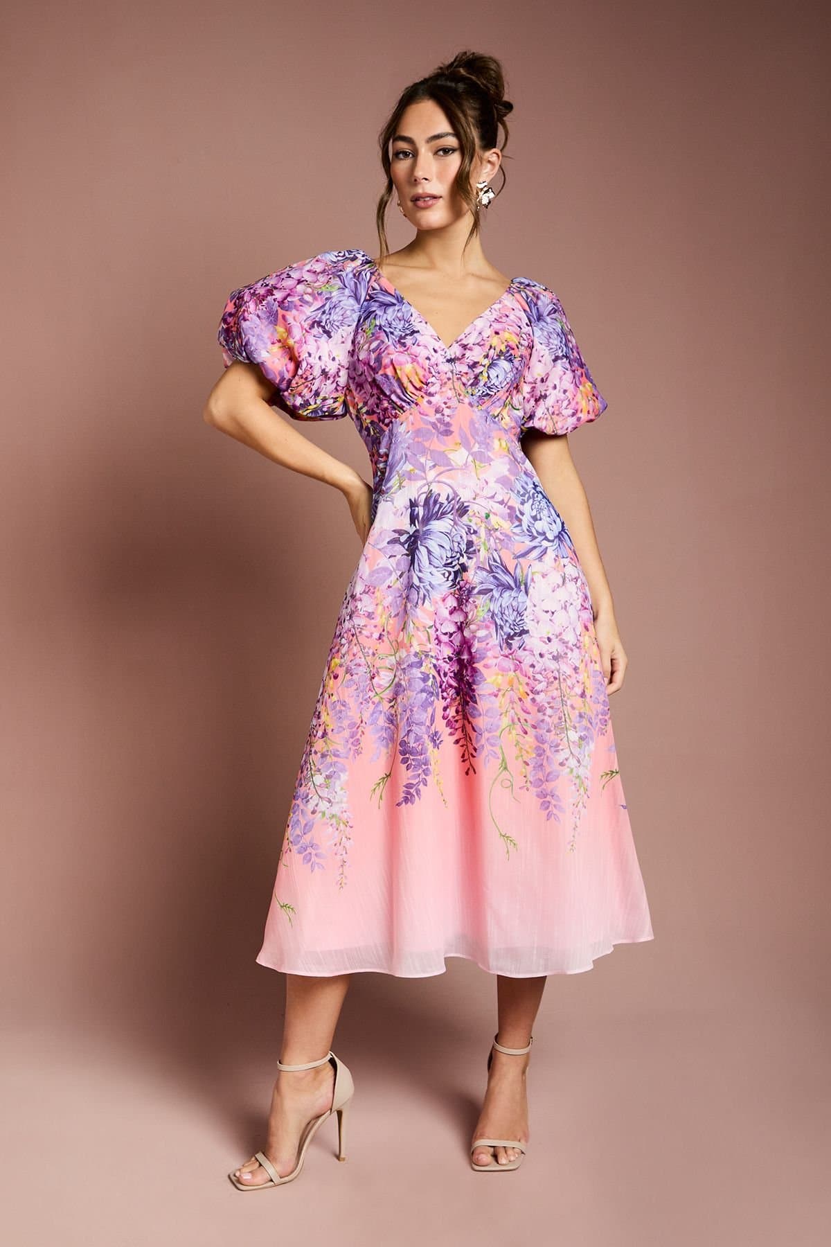Coast Coast Women's Floral Print Organza Puff Sleeve Midi Dress in Pink