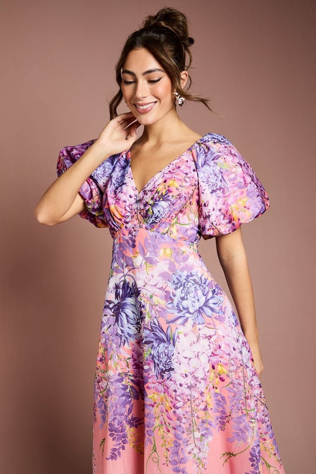 Coast Coast Women's Floral Print Organza Puff Sleeve Midi Dress in Pink - 2
