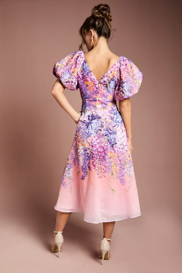 Coast Coast Women's Floral Print Organza Puff Sleeve Midi Dress in Pink - 3