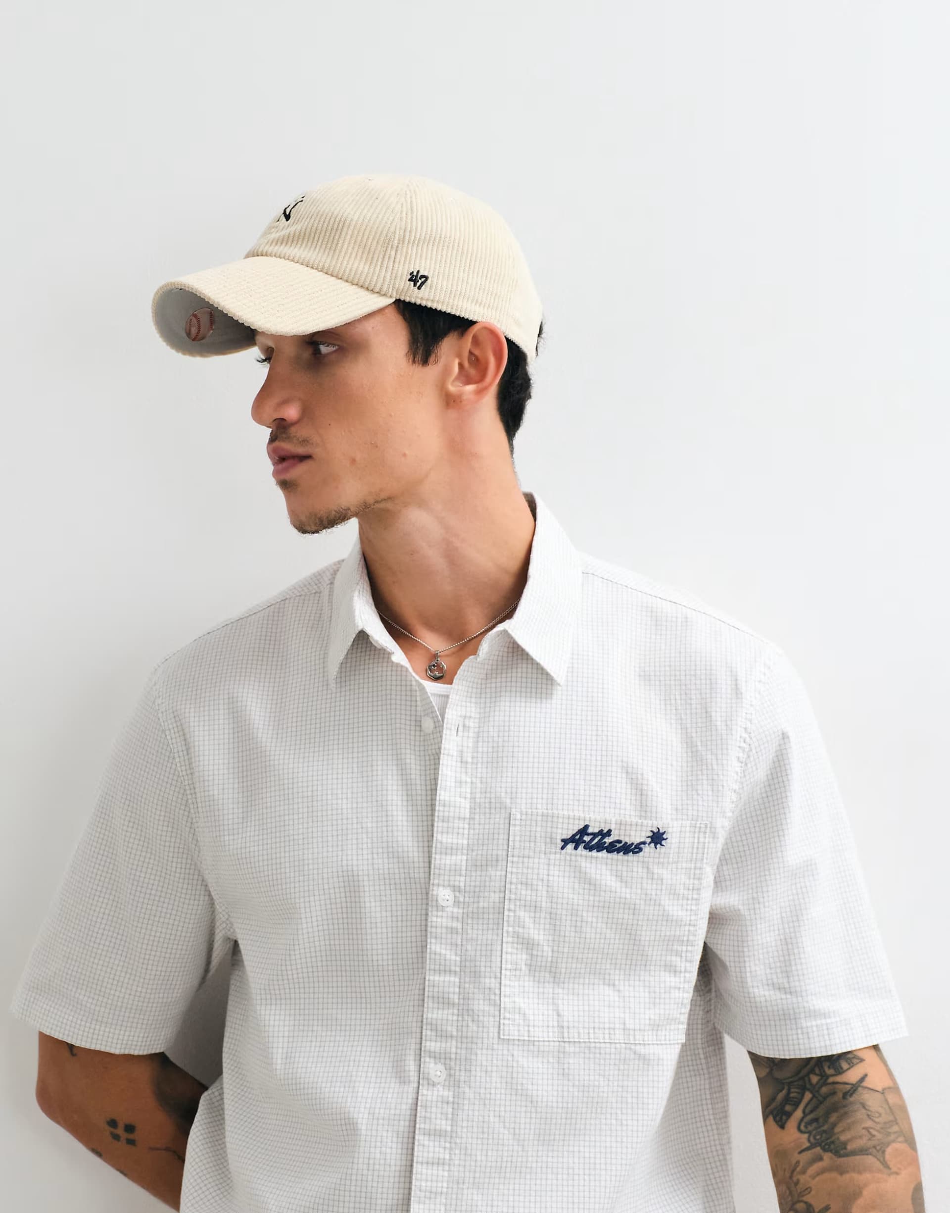ASOS Hollister graphic short sleeve shirt in white micro check