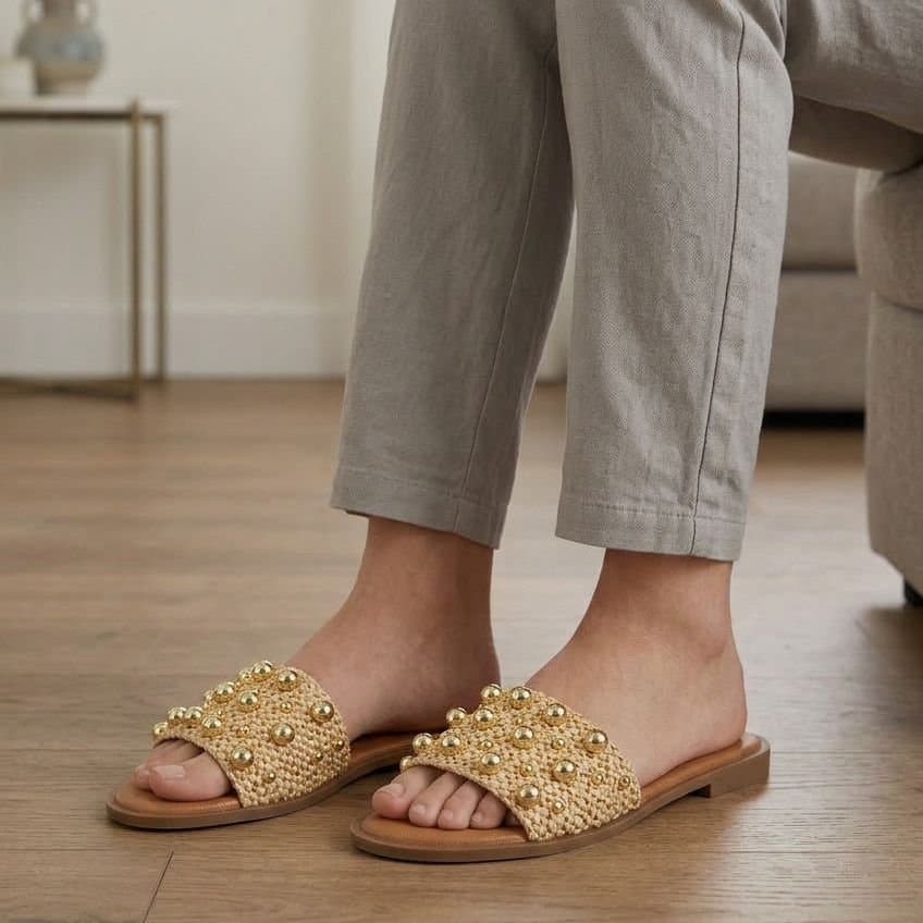 Truffle Collection Truffle Collection Women's Flat Open Toe Sandals Slip On Textile Summer Shoes in Beige