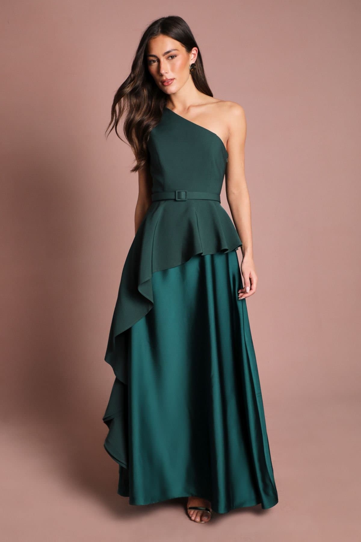 Coast Coast Women's One Shoulder Ruffle Detail Satin Maxi Dress in Emerald