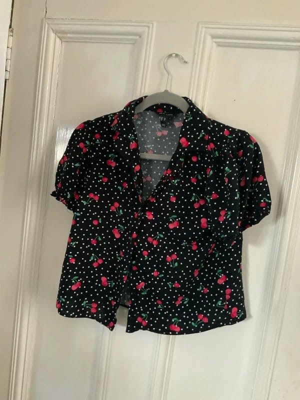 New Look Black & Red Cherry Print Blouse - Size 8