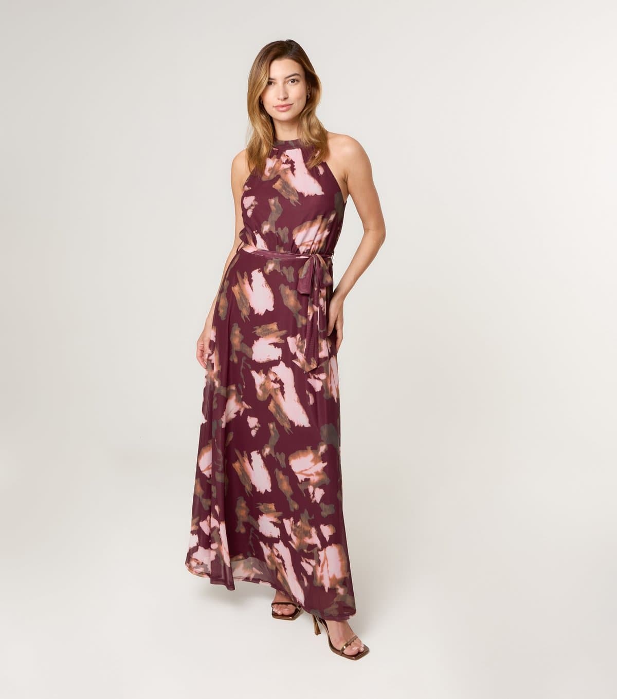 Blue Vanilla Women's Burgundy Floral Print Mesh Halterneck Maxi Dress Blue Vanilla New Look