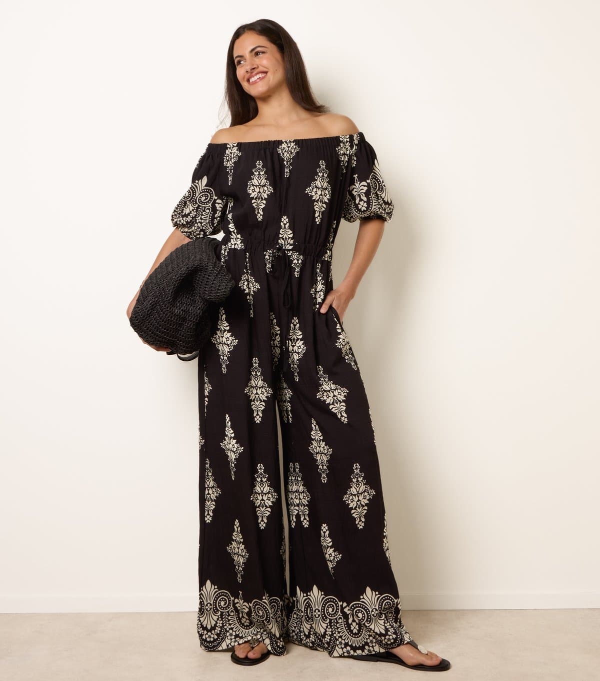 Blue Vanilla Women's Black Printed Off Shoulder Jumpsuit Blue Vanilla New Look