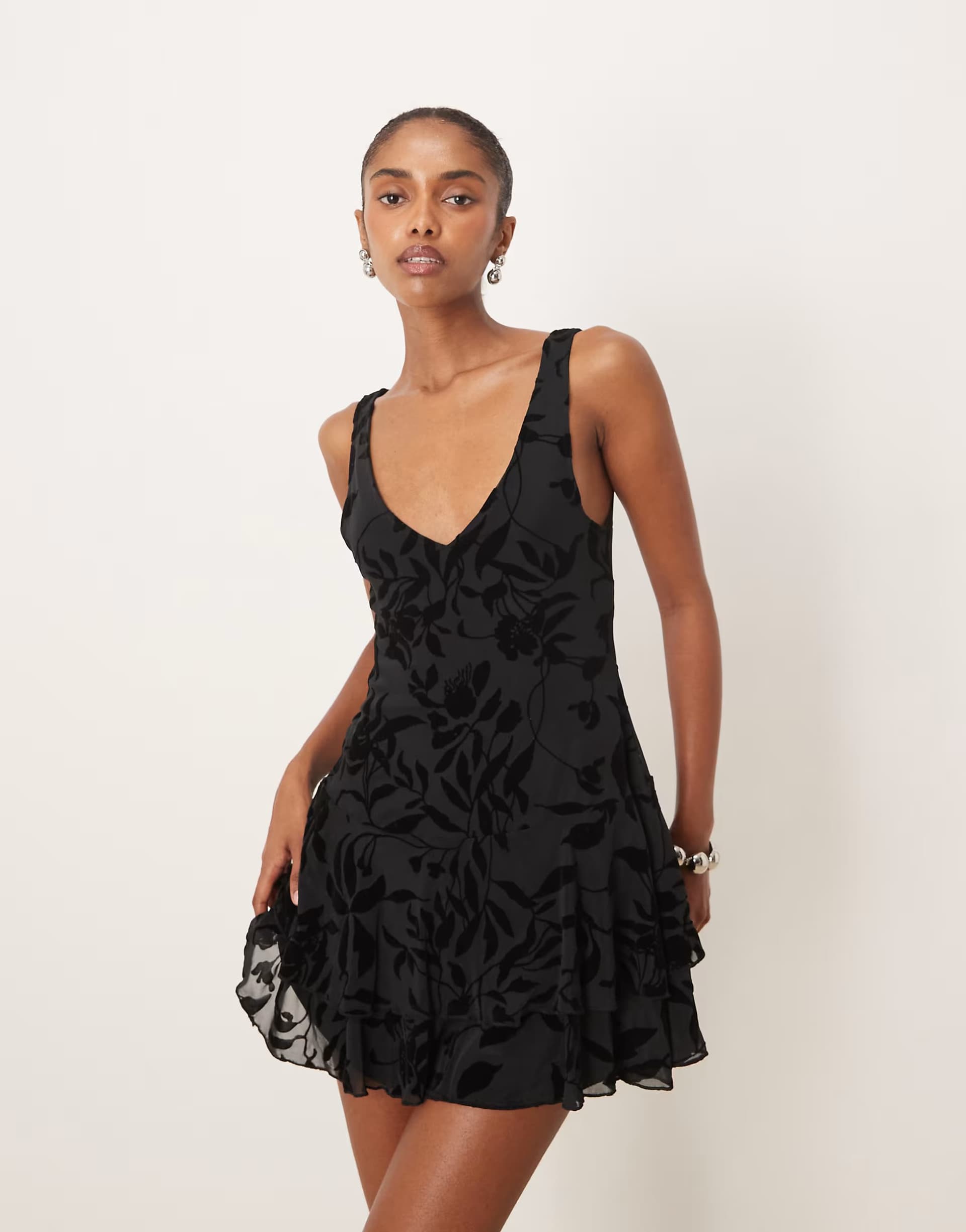 ASOS Motel rawson v neck flocked mini dress in floral black