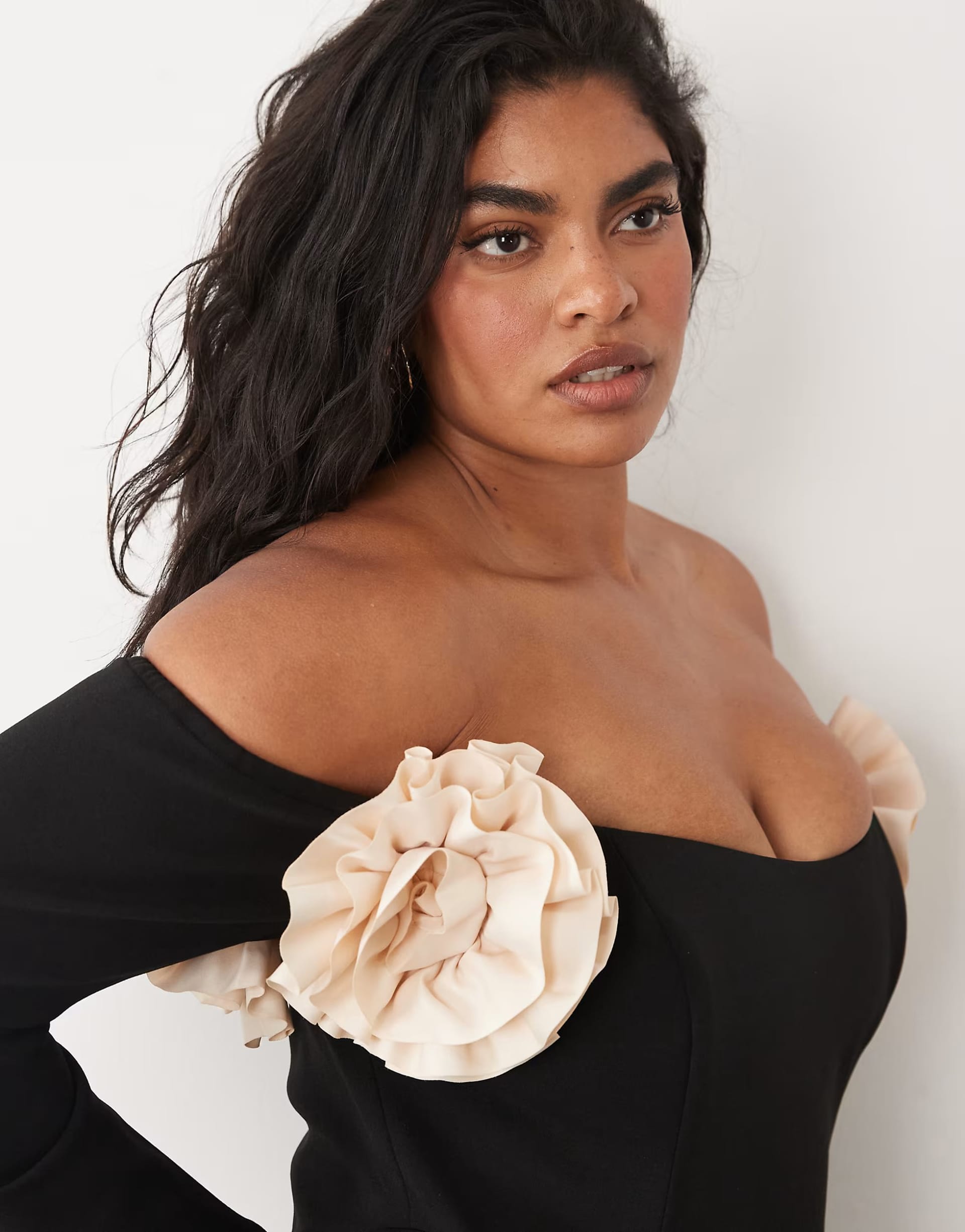 ASOS LUXE Black Bardot Mini Skater Dress with Corsage Detail