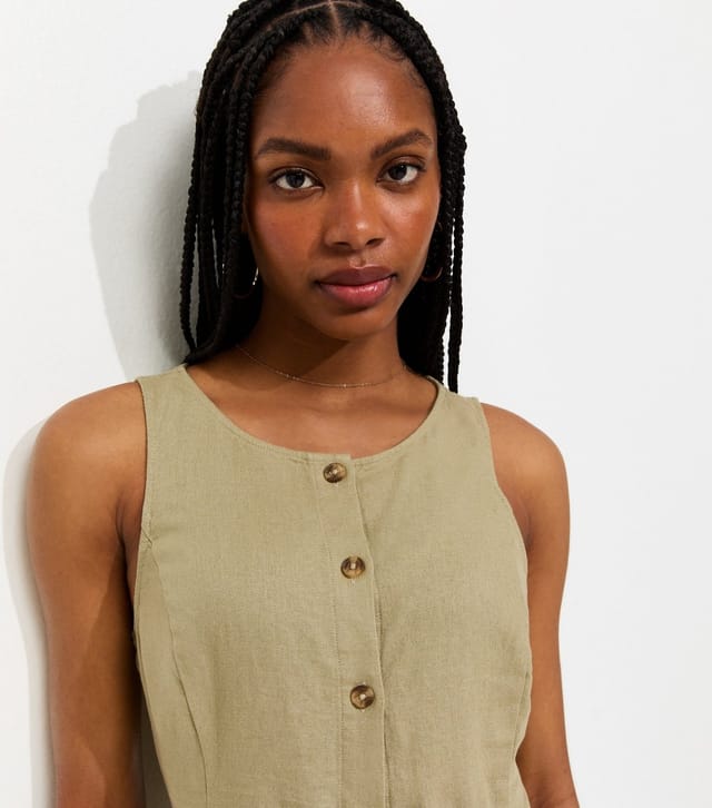 New Look Women's Light Khaki Linen Blend Button Through Mini Dress New Look - 2