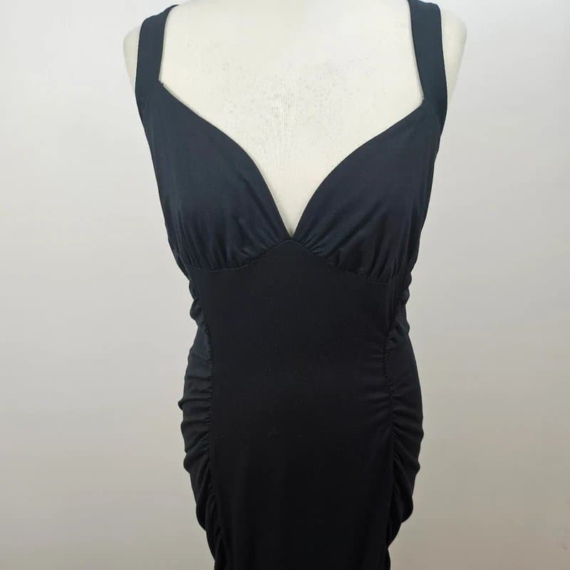 ASOS ASOS Luxe Black Ruched Midi Dress Plunge Neck Open Back Bodycon UK 16