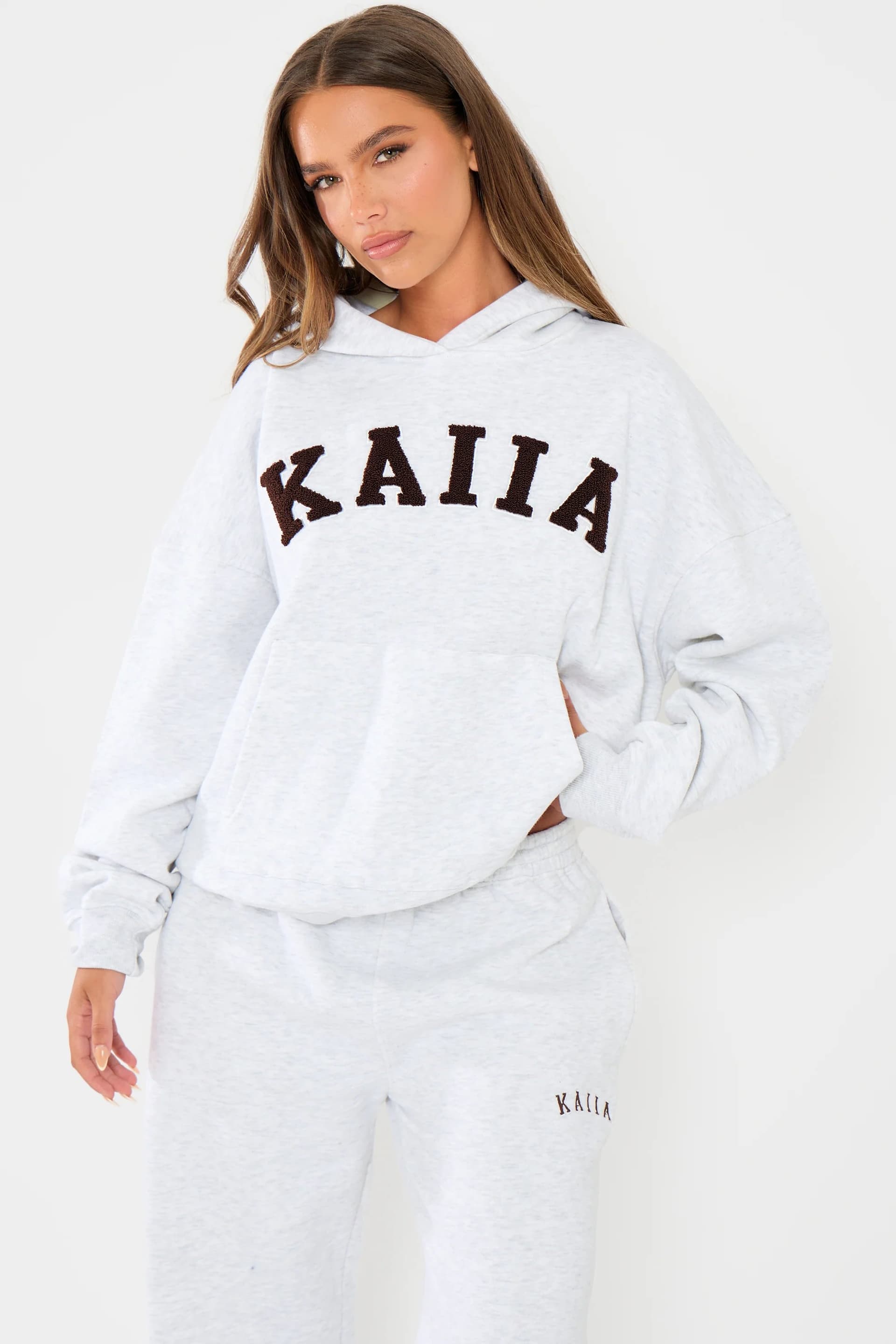 Kaiia Kaiia Slogan Oversized Hoodie Light Grey Marl & Dark Brown