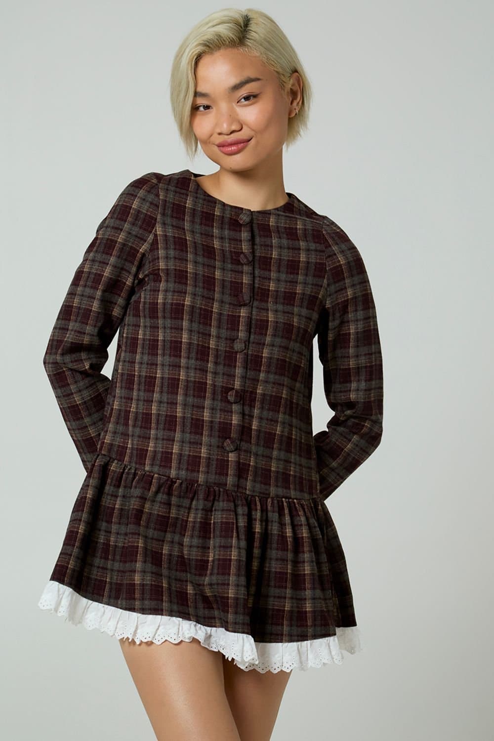 Neon Rose Neon Rose Women's Plaid Check Long Sleeve Smock Mini Dress in Burgundy