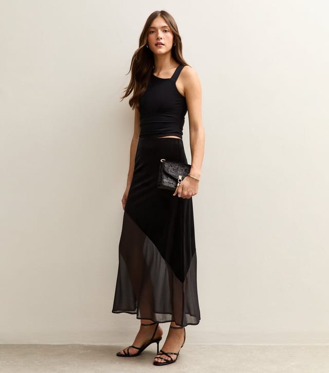 New Look Women's Black Chiffon and Velvet Midi Skirt New Look - 3