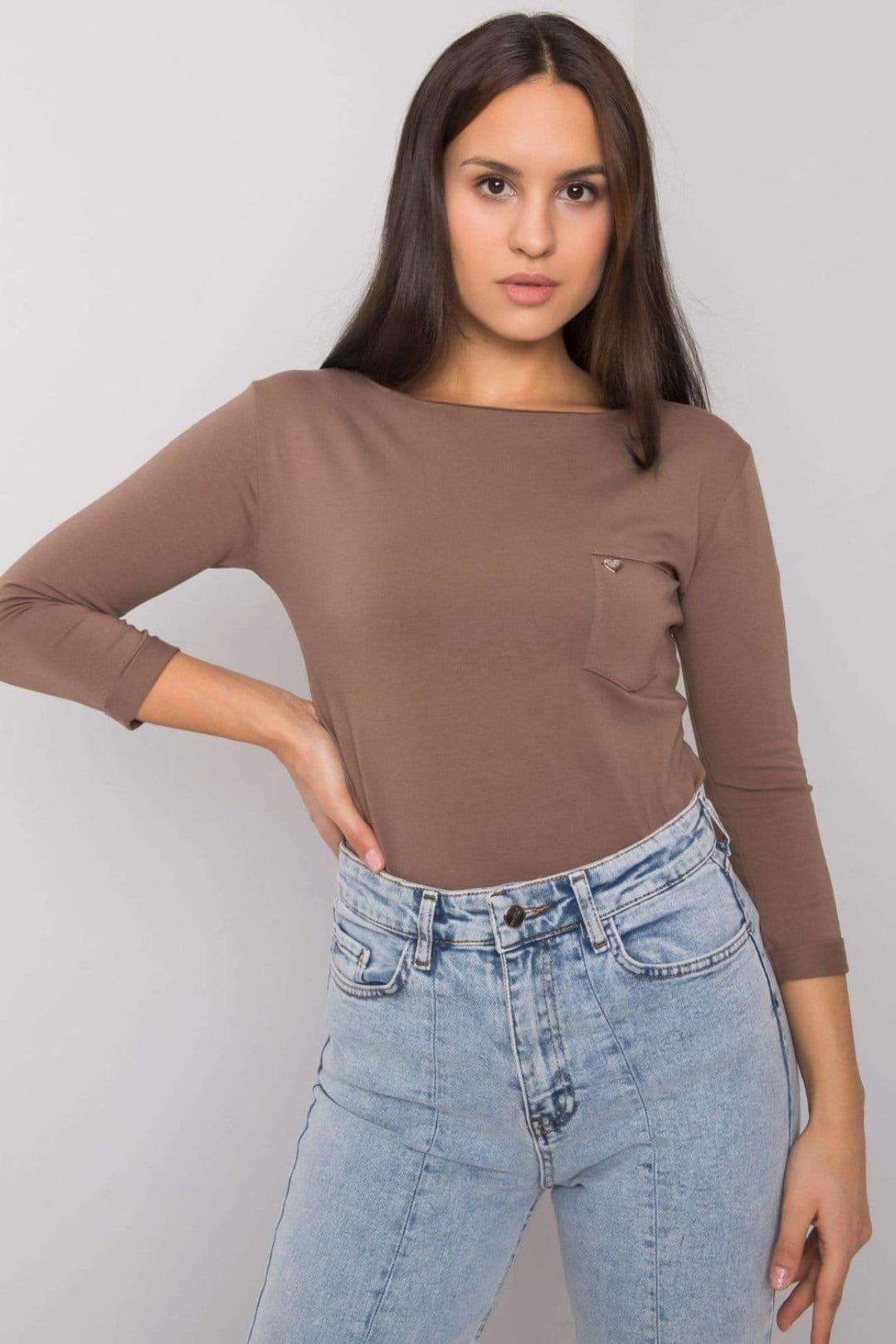 Love Lace Brown 3/4 Sleeve Straight Cut Blouse with Pocket