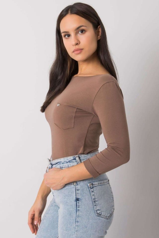 Love Lace Love Lace Women's Straight Cut 3/4 Sleeve Blouse Pocket in Brown - 3
