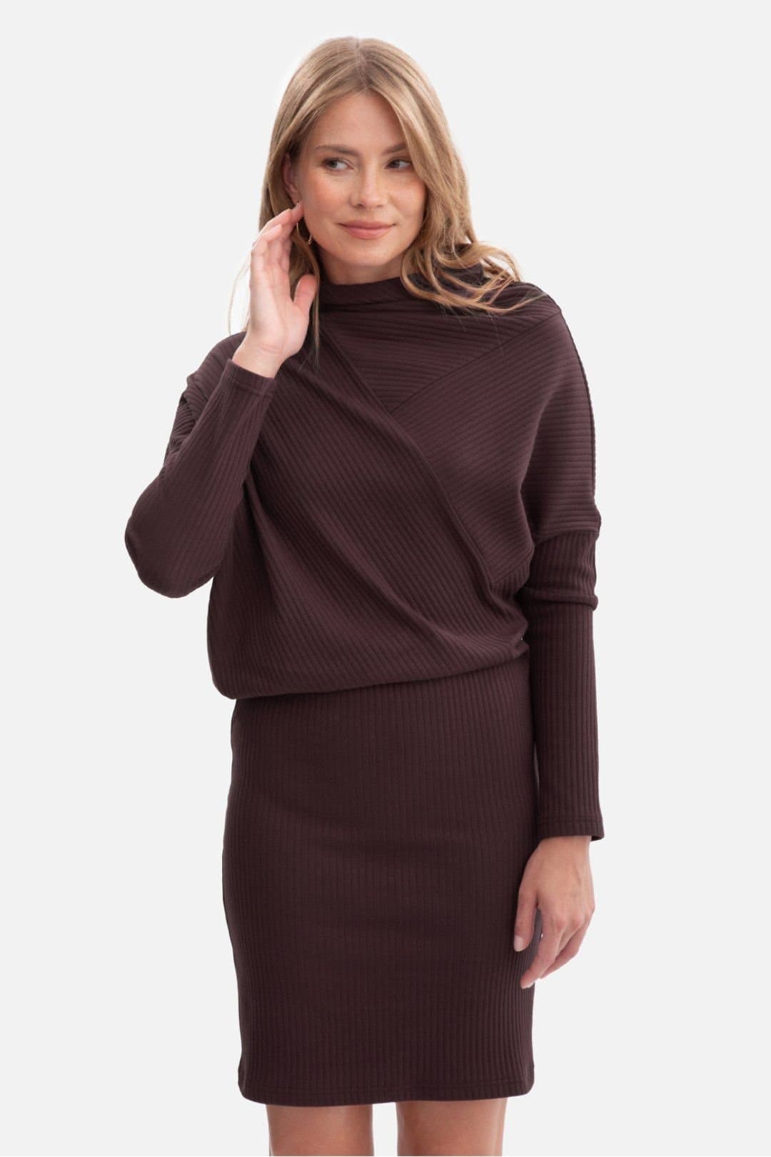 Love Lace Love Lace Women's Ribbed Turtleneck Batwing Pencil Mini Dress in Brown