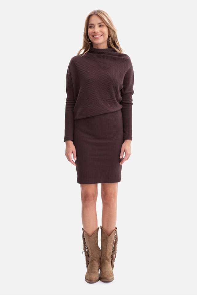 Love Lace Love Lace Women's Ribbed Turtleneck Batwing Pencil Mini Dress in Brown - 2